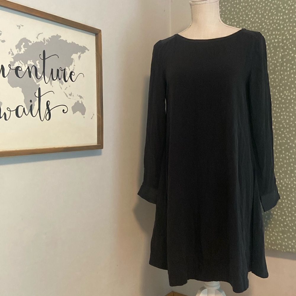 Eileen Fisher Black 100% Silk Long Sleeve Lightweight Casual Chic Dress Size XS